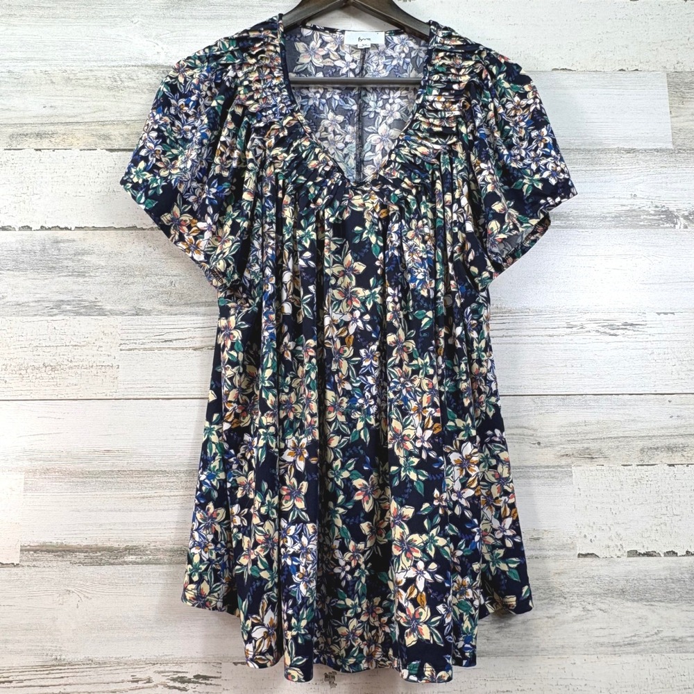 Fyve 3X Floral‎ Pleated Scoop Neck Short Sleeve Blouse Navy Blue Boho Flowy
